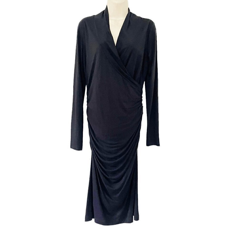 Boden Womens Sz 6 Long Black Long Sleeve Surplice Faux Wrap Ruched Side Dress 6L